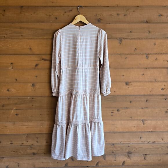 Hijab House Striped Day Dress Beige White 6 Maxi Modest Tier Long Sleeve Boho - Picture 3 of 6